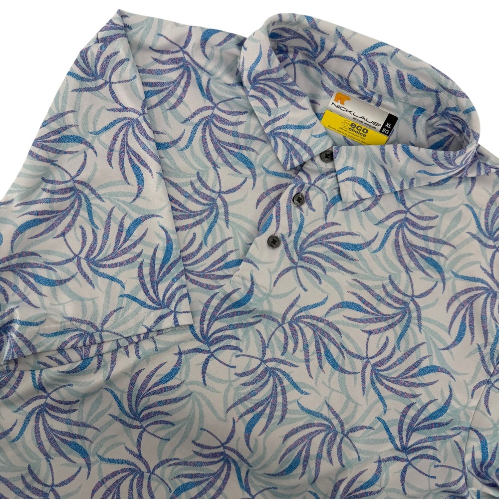 Nicklaus Mens XL Eco Choice Golf Polo Shirt Tropical Leaf‎ Print Button Up Tech